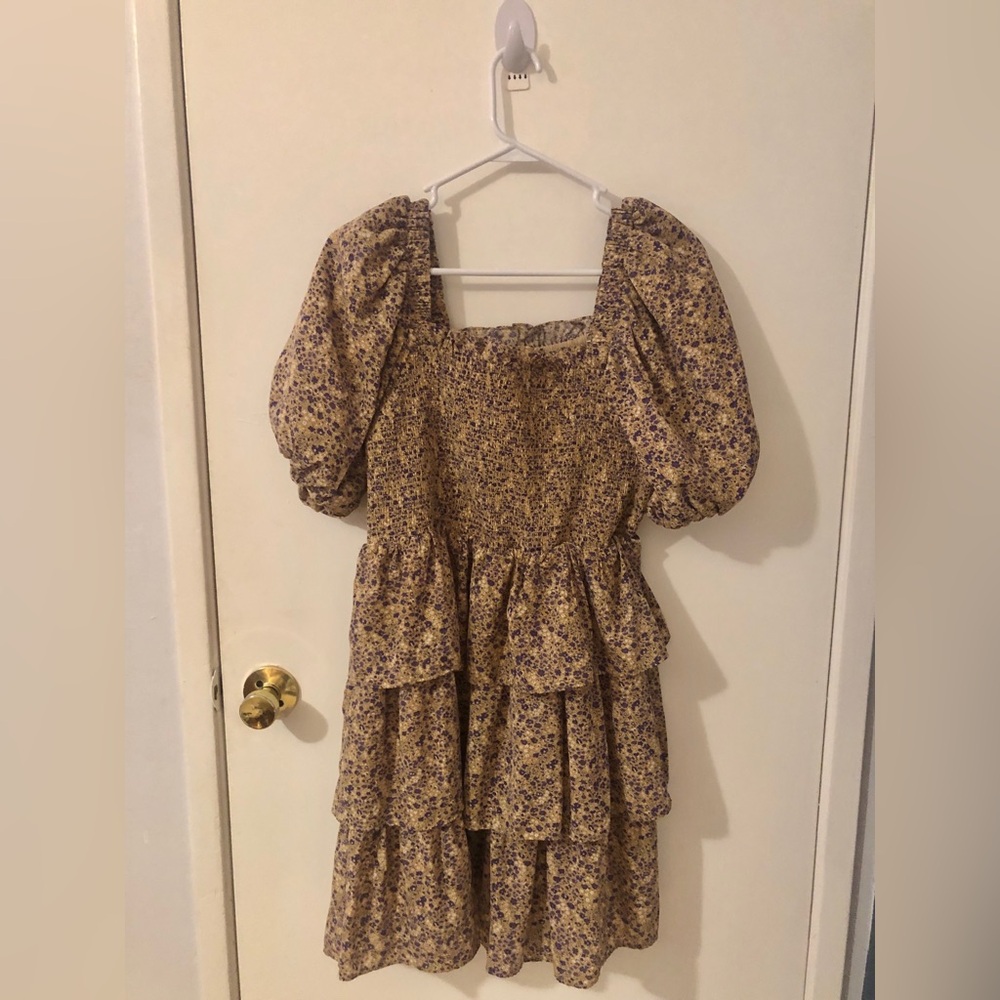 Free the Roses Floral Smocked Tiered Dress with puff sleeves cottage core size L